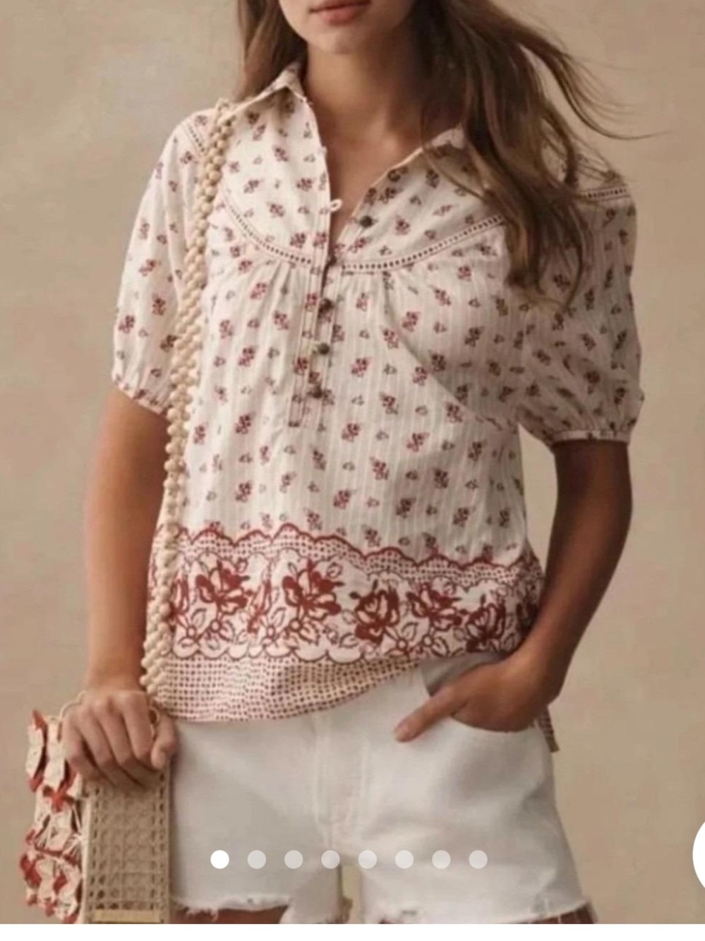 Pilcro Anthropologie Embroidered Boho Floral Henley Peasant Blouse Cream Red M